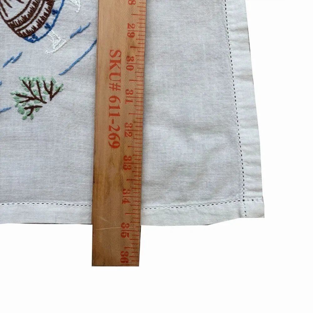 Vintage 50s Cottagecore Embroidered Tablecloth Holiday Dutch Winter Ice Skating